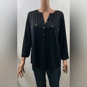 Anne Klein Black Blouse with Gold Logo Buttons Size: XL Great Condition!